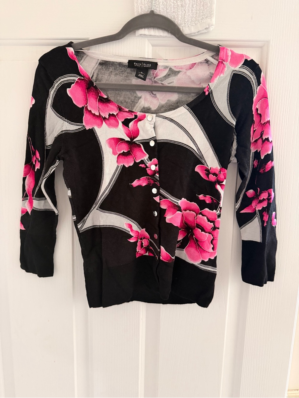White House Black Market Black and Pink Floral Button-Front Top